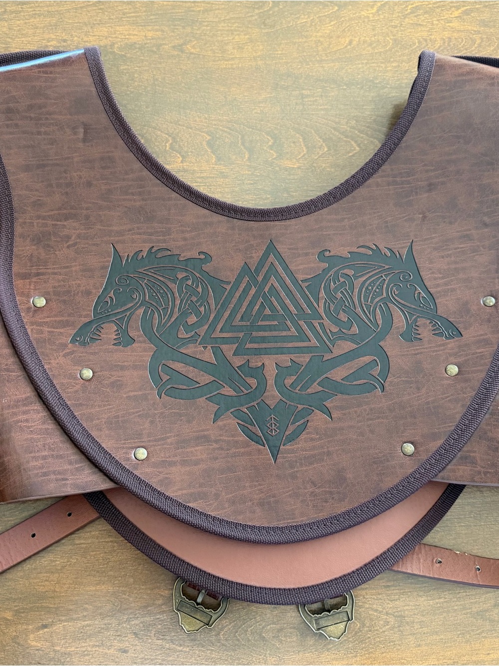 Brown Leather Men's Viking Chest Harness with Nordic Knotwork